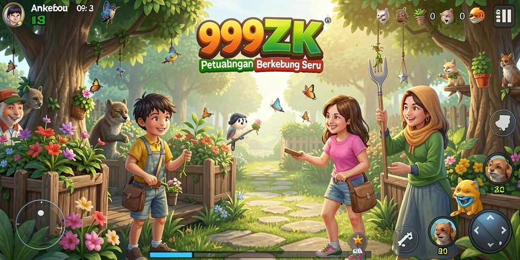 Screenshot gameplay 999ZK menampilkan kebun yang penuh warna dan aktif.