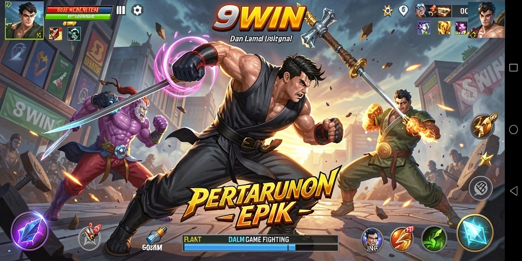 Tangkapan layar gameplay 9WIN menampilkan pertarungan mendebarkan antara karakter.