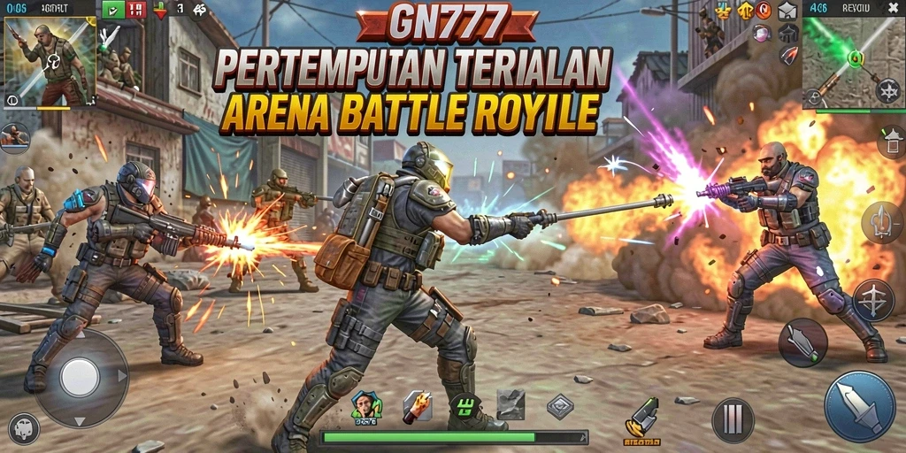 Screenshot GN777 menampilkan aksi intens dalam pertempuran Battle Royale.
