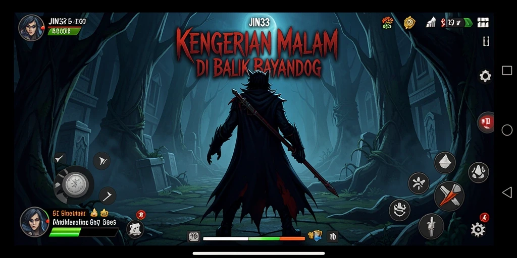 Tangkapan layar gameplay JIN33 menampilkan suasana mencekam di desa hujan.