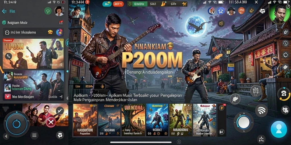 Tampilan gameplay P200M yang menampilkan berbagai fitur musik menarik.
