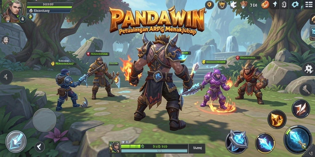 Screenshot menampilkan pertempuran seru dalam game ARPG PANDAWIN.