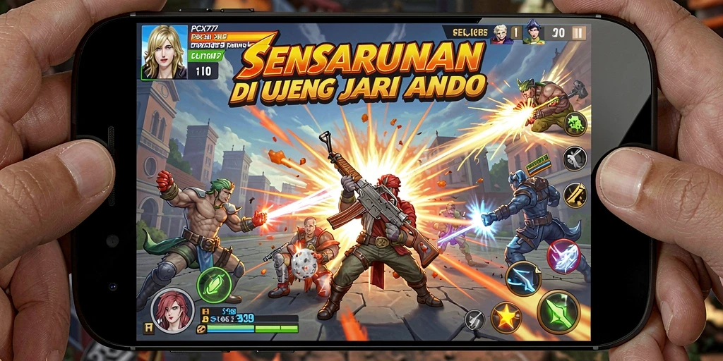 Screenshot utama PCX777 menampilkan aksi pertarungan intens dan karakter yang beragam.