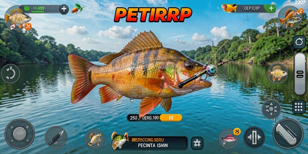 Tangkapan ikan besar dalam gameplay memancing yang menantang.
