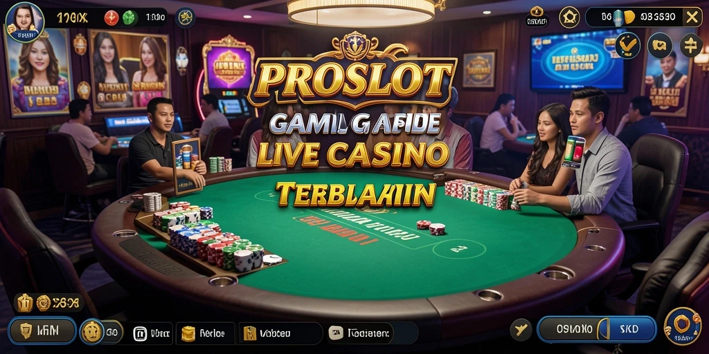 Screenshot gameplay PROSLOT menampilkan dealer langsung dan suasana casino nyata.