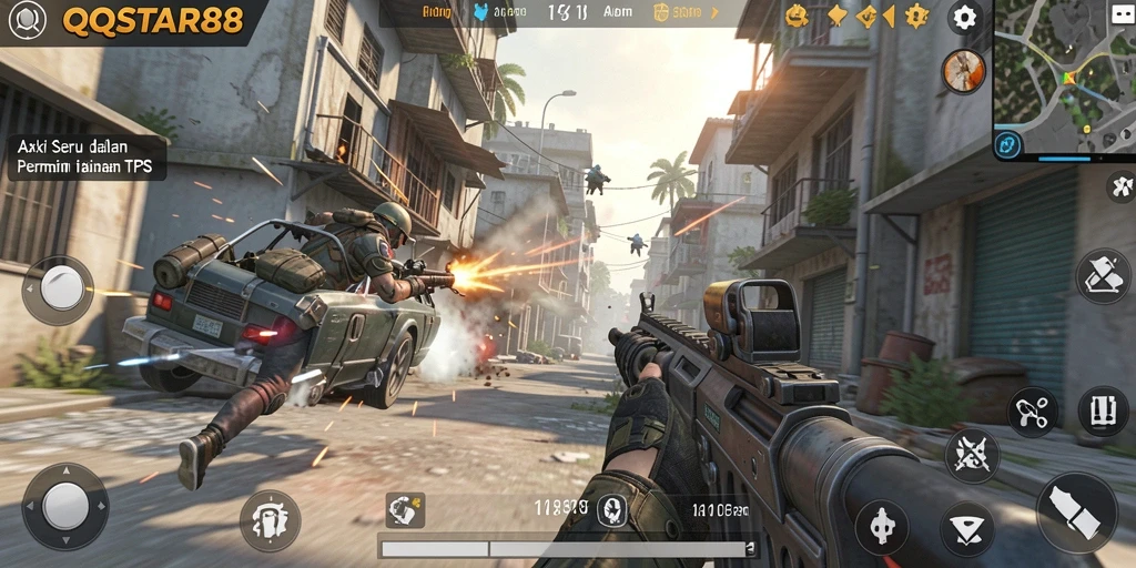 Screenshot gameplay <strong>QQSTAR88</strong> menampilkan aksi seru dalam pertarungan TPS.
