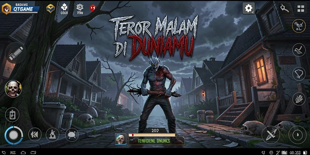 Tangkapan layar gameplay QTGAME dengan suasana horor yang mencekam.