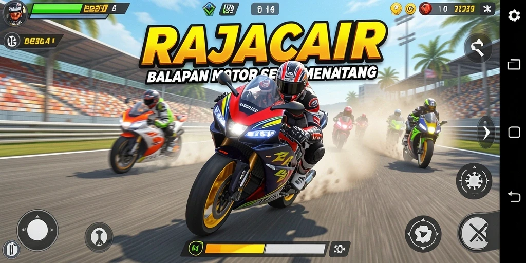 Screenshot gameplay RAJACAIR menunjukkan aksi balapan motor yang mendebarkan.