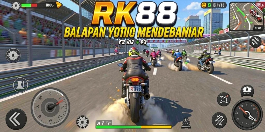 Gameplay RK88 menampilkan balapan motor yang seru dan penuh adrenalin.