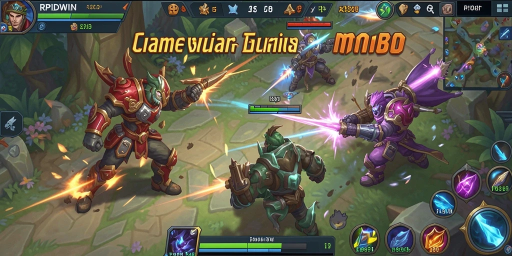 Screenshot gameplay RPIDWIN menampilkan pahlawan bertarung di arena MOBA.