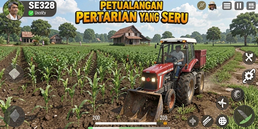 Tampilan gameplay SE328 dengan kebun dan hewan ternak yang beragam.