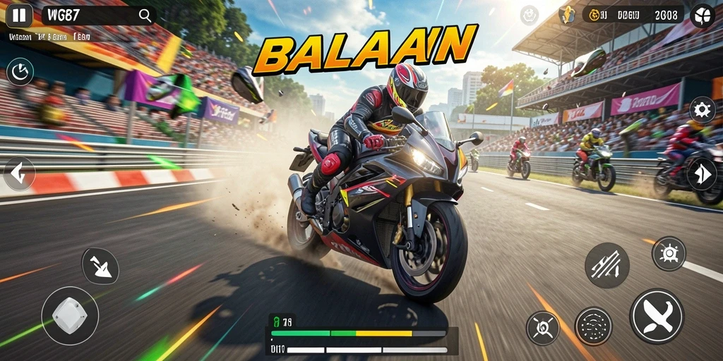 Tangkapan layar gameplay WG87 menampilkan balapan motor yang mendebarkan.